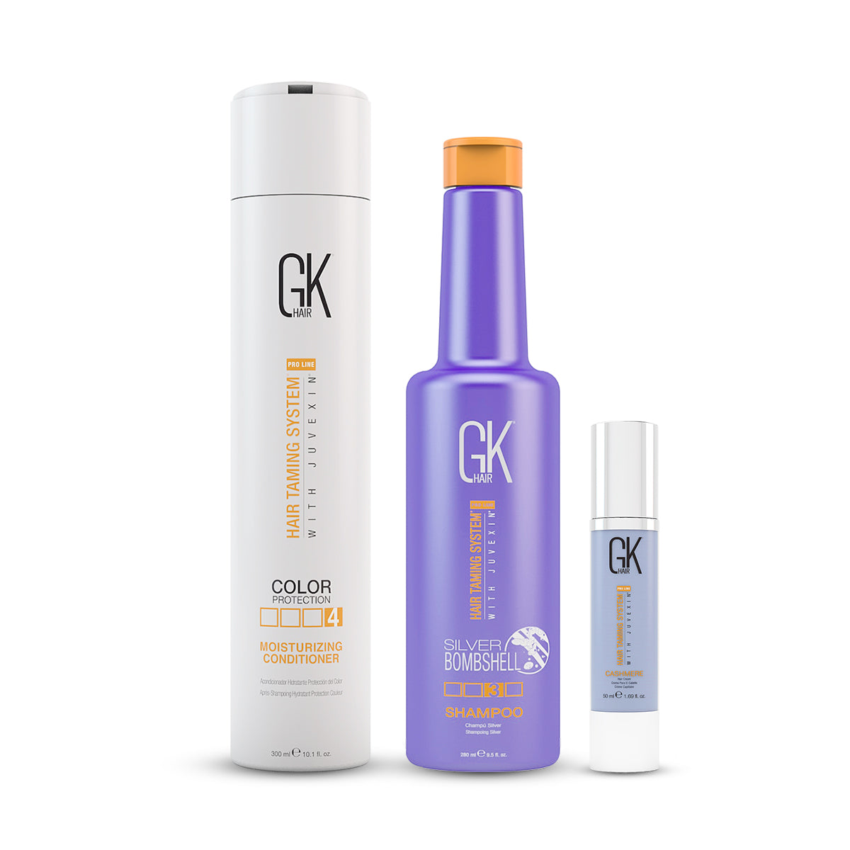 GK Hair Silver Bombshell Shampoo 280 Ml Moisturizing Conditioner 300 Ml and Cashmere 50 Ml