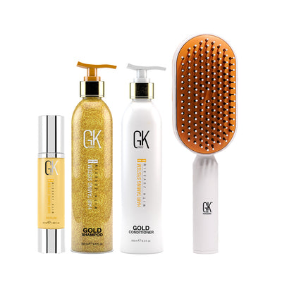 GK Hair Gold Shampoo and Conditioner 250 Ml + Argan Serum 50 Ml with GK Hair Professional Brush