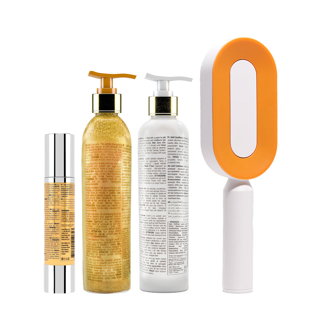 GK Hair Gold Shampoo and Conditioner 250 Ml + Argan Serum 50 Ml with GK Hair Professional Brush